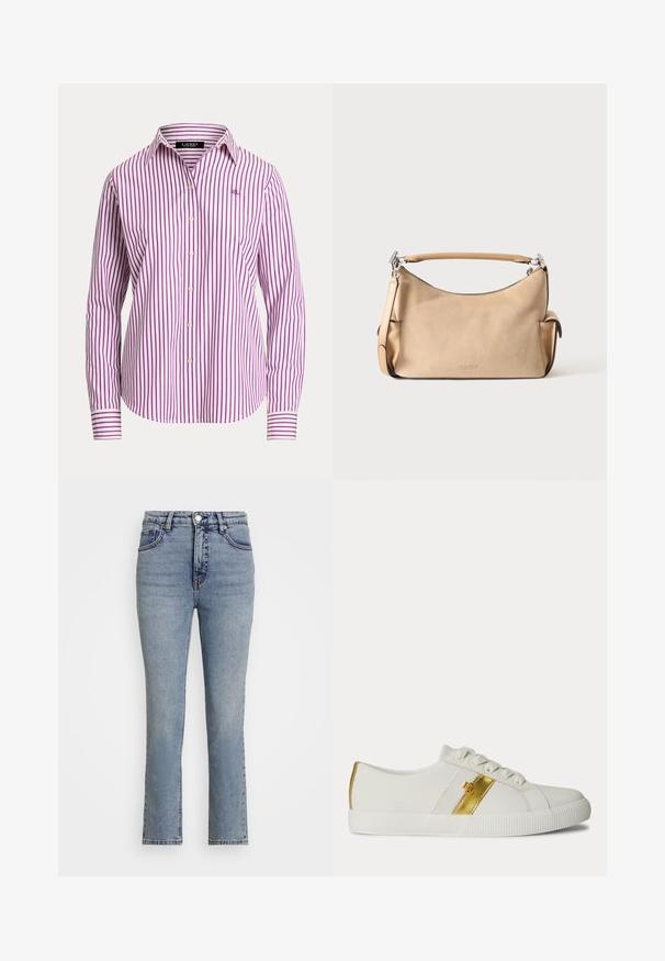 Camisa de botones a rayas con rayas verticales en blanco y morado, con un cuello clásico, mangas largas y un pequeño logo en el pecho.; Jeans de denim de color azul claro con una cintura alta, piernas rectas y un desvanecimiento sutil. Con botón metálico y costuras en contraste.; Zapatilla blanca de corte bajo con cordones blancos, una franja dorada en el lateral y una suela de goma blanca texturizada.; Bolso de mano de piel beige con asa corta, bolsillos laterales, herrajes plateados y logotipo "Lauren" en relieve en el centro delantero.