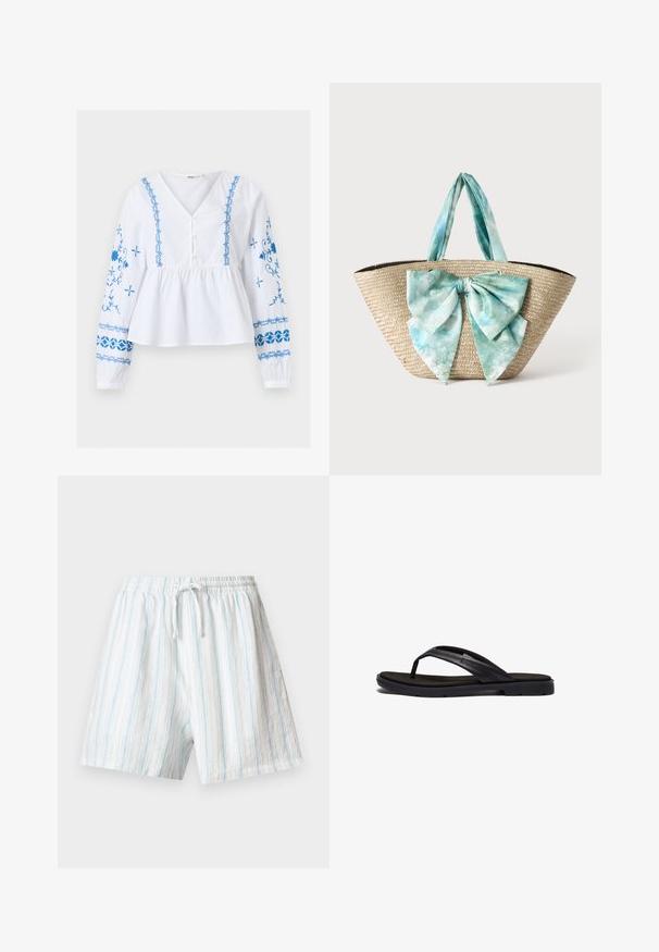 Witte blouse met lange mouwen, V-hals, blauwe bloemenborduursel op mouwen en voorkant, knoopsluiting en geplooide taille.; Witte shorts met lichtblauwe verticale strepen, elastische tailleband en vooraan een trekkoord, afgebeeld op een effen lichte achtergrond.; Zwarte flip-flops met een zacht rubberen zool en elegante synthetische banden. Het ontwerp bevat minimale hardware en heeft een laag profiel.; Geweven stro draagtasje met brede lichtblauwe en witte tie-dye stoffen handvatten en een grote bijpassende stoffen strik aan de voorkant.