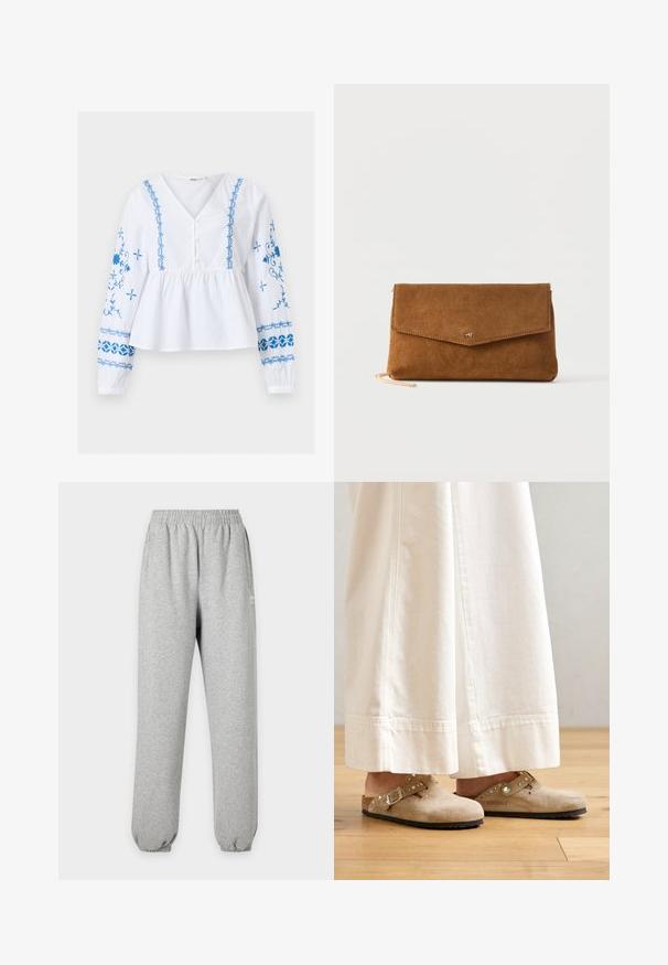 Blouse blanche à manches longues, col en V, broderie florale bleue sur les manches et le devant, patte de boutonnage, et taille froncée.; Pantalon de survêtement gris clair avec taille et poignets élastiques, poches latérales et petit logo blanc sur la partie supérieure de la cuisse.; Clogs en suède beige avec une sangle à boucle et des accents cloutés, portés avec un pantalon large blanc, posés sur un sol en bois.; Pochette enveloppe en daim marron avec un petit logo doré sur le rabat et une fine chaîne dorée partiellement visible.