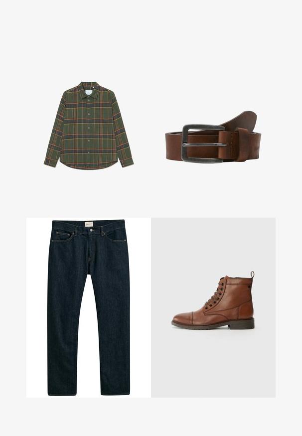 Grønternet skjorte med lange ærmer, knaplukning foran og en enkelt brystlomme. Har gule og orange striber mod en mørk baggrund.; Mørkeblå denim jeans med lige ben, fem lomme styling og kontrastsyet på sømmene. Glat stoftekstur.; Jack & Jones Lace-up Lace-up - Snørestøvletter - cognac; Brun læderbælte med en børstet metalspænde, har en glat tekstur og et klassisk design. Remmen bliver smallere mod enden.