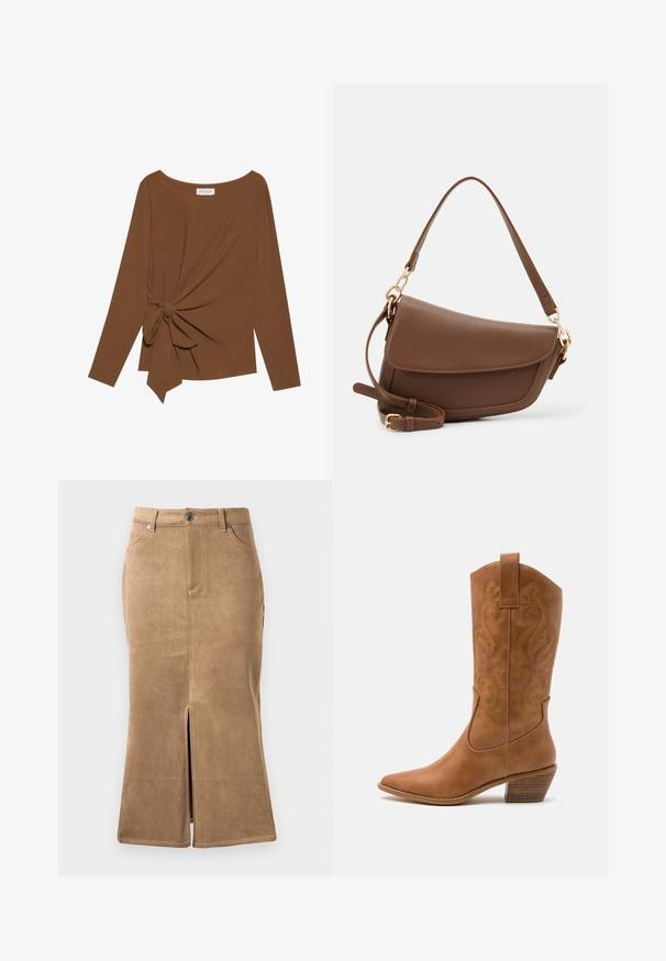 Brun langærmet top med en bred halsudskæring og en knude detalje på den ene side, lavet af blødt, tekstureret stof.; Brun ruskind midi-skirt med slids foran, kontrasterende syninger og fem-lomme design. Glat tekstur og tætsiddende facon.; Tan læder cowboystøvle med spids tå, broderede svirvelmønstre på skaftet og en stablet blokhæl. Har en træksløjfe for nem af/på.; Brun læder skuldertaske med en tekstureret overflade, buet form, guldfarvet hardware, justerbar rem og klaplukning.