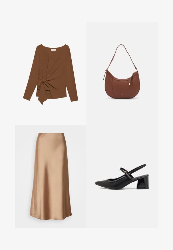 Brun langærmet top med en bred halsudskæring og en knude detalje på den ene side, lavet af blødt, tekstureret stof.; Satin midi-nederdel i en lys brun nuance med en glat, flydende silhuet, der har en subtil glans og en let udvidet kant.; Sorte patentlæder slingback hæle med spids tå, rund udskæring og blokhæl. Har en guldtonet spændeaccents.; Brun faux læder skuldertaske med buet form, minimal syning og en guldtonet hardwaredetalje. Har en top lynlåslukning og justerbar rem.