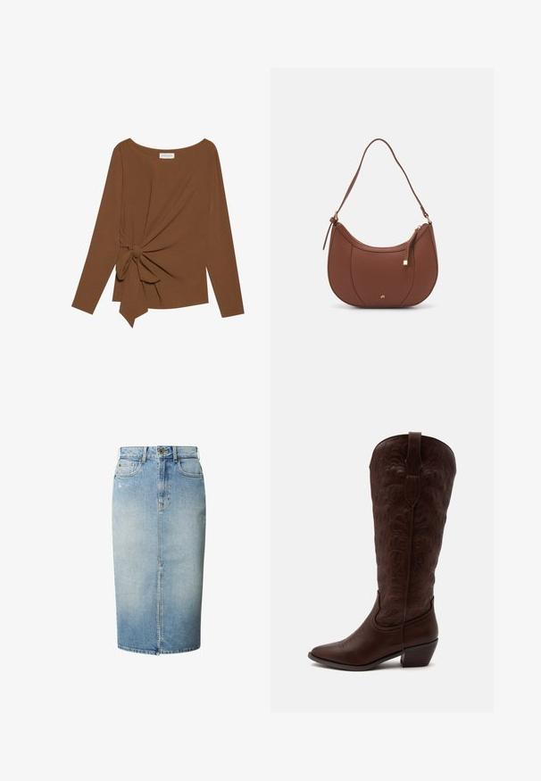 Brun langærmet top med en bred halsudskæring og en knude detalje på den ene side, lavet af blødt, tekstureret stof.; Lyseblå denim blyantskørt med frontslids, bæltestropper, knaplukning og fem-lomme design.; Høj brun læder cowboystøvle med detaljerede sømme, en spids tå og en blok hæl på en ensartet lys baggrund.; Brun faux læder skuldertaske med buet form, minimal syning og en guldtonet hardwaredetalje. Har en top lynlåslukning og justerbar rem.