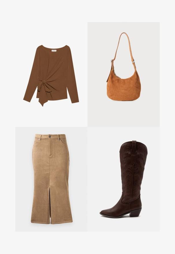 Brun langærmet top med en bred halsudskæring og en knude detalje på den ene side, lavet af blødt, tekstureret stof.; Brun ruskind midi-skirt med slids foran, kontrasterende syninger og fem-lomme design. Glat tekstur og tætsiddende facon.; Høj brun læder cowboystøvle med detaljerede sømme, en spids tå og en blok hæl på en ensartet lys baggrund.; Tan ruskinds skuldertaske med buet design, justerbar rem, metallynlås og præget logo-detail på forsiden.