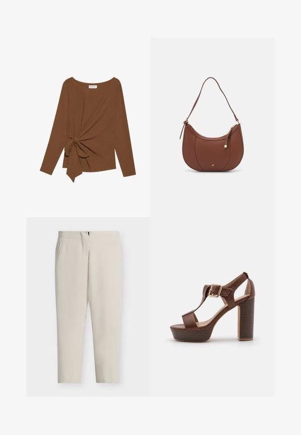 Top marrón de manga larga con un escote amplio y un detalle de nudo en un lado, hecho de una tela suave y texturizada.; Pantalones beige a medida con pierna recta, bolsillos laterales y cierre frontal con cremallera. Tejido liso con un diseño limpio y minimalista.; Sandalias de tacón alto de cuero marrón con plataforma, que cuentan con un diseño de tiras en T y un acento de hebilla dorada en el tobillo. Tacón de bloque texturizado.; Bolso de hombro de imitación cuero marrón con forma curva, costura mínima y un acento de hardware en tono dorado. Presenta un cierre de cremallera en la parte superior y una correa ajustable.