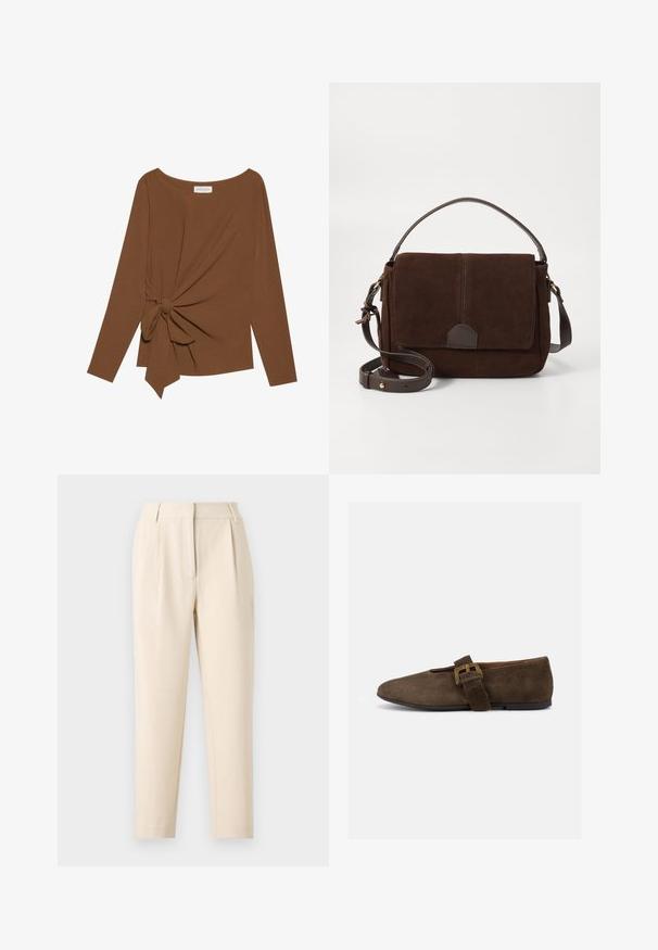 Top marrón de manga larga con un escote amplio y un detalle de nudo en un lado, hecho de una tela suave y texturizada.; Pantalones beige a medida con corte recto, que presentan pliegues en la parte delantera y un acabado suave. La tela parece ligera y texturizada.; Zapato plano de ante marrón con tira ancha y hebilla dorada, puntera redondeada y suela baja negra, mostrado de perfil sobre fondo blanco.; Bandolera de ante marrón con una tapa frontal plana, detalles en cuero marrón, correa ajustable y un diseño minimalista.