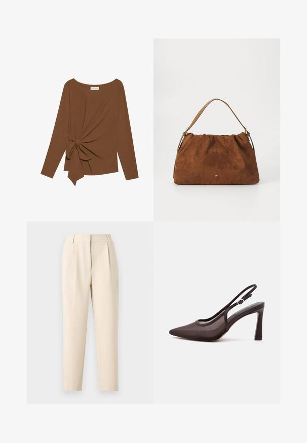 Brauner Langarm-Top mit weitem Ausschnitt und Knoten-Detail auf einer Seite, aus weichem, strukturiertem Stoff.; Beige maßgeschneiderte Hose mit geradem Schnitt, die vorne Falten und eine glatte Oberfläche aufweist. Der Stoff wirkt leicht und strukturiert.; Schwarzer High-Heel Slingback-Schuh mit spitzer Schuhspitze und verstellbarem Schnallenriemen auf weißem Hintergrund.; Braune Wildlederhandtasche mit einem gerafften Design, ausgestattet mit einem einzelnen hellbraunen Ledertragegurt und einem subtilen goldenen Logo-Detail auf der Vorderseite.