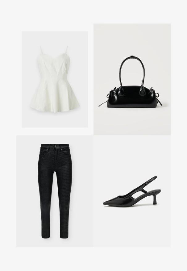 Robe blanche sans manches avec fines bretelles spaghetti et corsage ajusté s’évasant en une jupe courte en ligne A.; Pantalon skinny noir taille haute avec une subtile texture peau de crocodile, bouton à l'avant et poches.; Escarpins noirs à talon ouvert avec un embout pointu, fabriqués en matériau brillant, présentant des accents découpés et un talon modéré pour un bon soutien.; Petit sac à main noir brillant avec deux longues anses et des détails à cordon sur les côtés sur un fond clair uni.