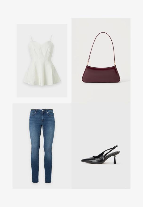 Witte mouwloze jurk met dunne spaghettibandjes en een aansluitend lijfje dat uitloopt in een korte A-lijn rok.; Skinny jeans in donkerblauwe denim, met vijf zakken, een knoopsluiting en een rits. De stof heeft een gladde textuur met een lichte vervaging.; Zwarte leren slingback hoge hak schoenen met puntige neus en slanke hak op een witte achtergrond.; Donker bordeaux glanzende handtas met een enkele dunne handgreep en een slanke trapeziumvorm op een effen lichte achtergrond.