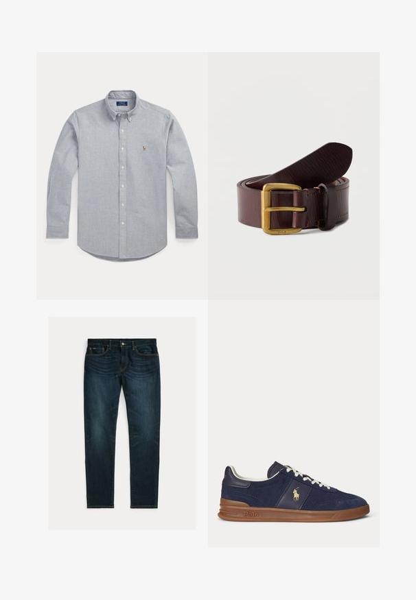 Lichtblauw overhemd van zachte stof; voorzien van een puntige kraag, lange mouwen en een klein geborduurd logo op de borst.; Donkerblauwe slim-fit jeans met lichte vervaging en vijfzakkenontwerp, plat gelegd op een witte achtergrond.; Marineblauwe lage sneaker met witte veters, bruine zool en Polo-spelerlogo aan de zijkant, gezien van links.; Donkerbruine leren riem opgerold met een messing gesp waarop het woord Polo is gegraveerd, tegen een effen witte achtergrond.