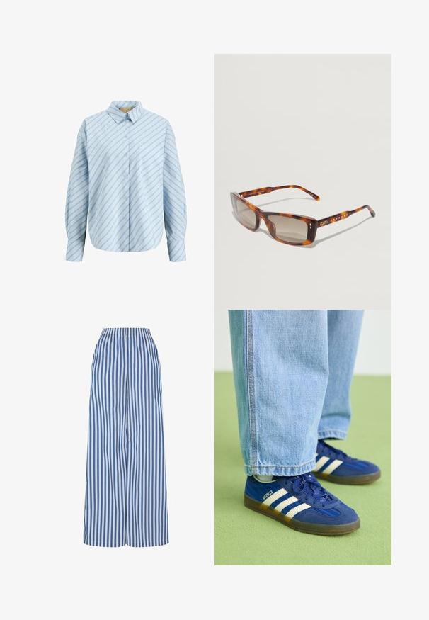 Lichtblauw overhemd met knopen, diagonale donkerblauwe strepen, lange mouwen, een enkele borstzak en een puntige kraag.; Wijdlopende broek in blauw-witte verticale strepen, met een elastische tailleband en een lichte stof voor comfort en ademend vermogen.; Blauwe suède sneakers met witte strepen en gestructureerde patronen, gedragen met lichtblauwe denim broek, tegen een groene achtergrond.; Zonnebril met een schildpadprint kunststof montuur, vierkante glazen en bruine getinte glazen. Gelijnd met kleine metalen studs op de zijkant.