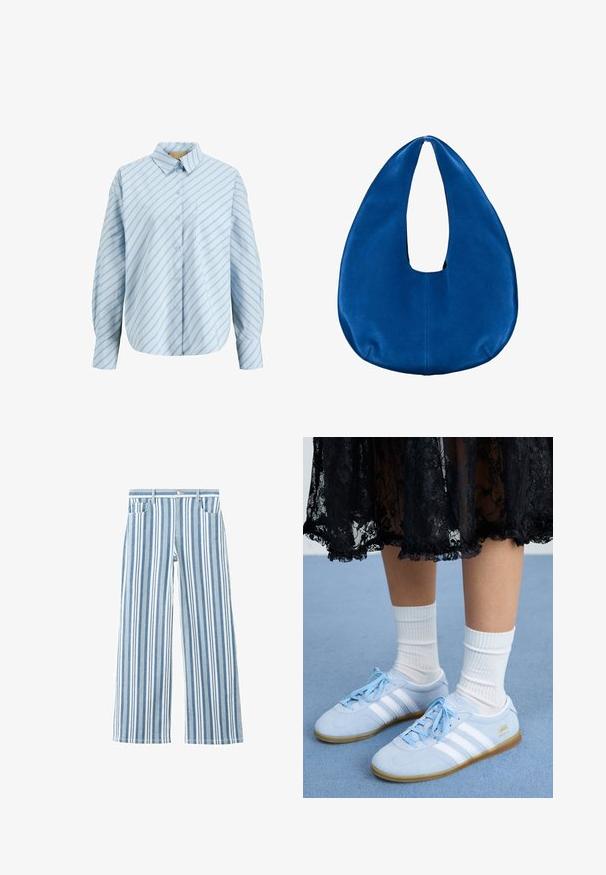 Chemise bleu clair à boutons avec des rayures diagonales bleu plus foncé, manches longues, une seule poche poitrine et un col pointu.; Jean large rayé vertical bleu clair et blanc avec poches avant et fermeture par bouton à la taille.; Des baskets bleu clair avec des rayures blanches et des chaussettes blanches, portées avec une jupe en dentelle noire, sur une surface de moquette bleue.; Sac hobo en tissu bleu doux avec une forme arrondie en croissant et une large ouverture pour la poignée au centre supérieur.