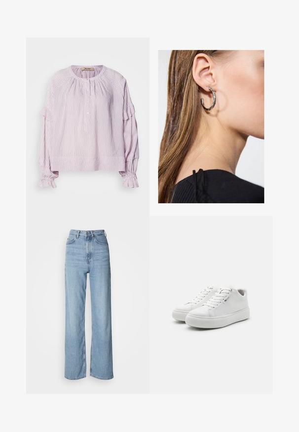 Lyse lilla bluse med lodrette hvide striber, rund halsudskæring, knaplukning og volangdetaljer på ærmer og kant. Blødt, tekstureret stof.; Lyseblå højtskårne jeans med lige ben, lavet af denim, med frontknaplukning og diskrete falmede detaljer.; Hvide lavtop sneakers med en glat lærredsoverdel, rund tå og tyk gummisål. Har snørebånd foran og et minimalistisk design.; Sølv hoop ørestik med en poleret overflade, prydet med små guld accenter og en rund form, båret på øreflippen.