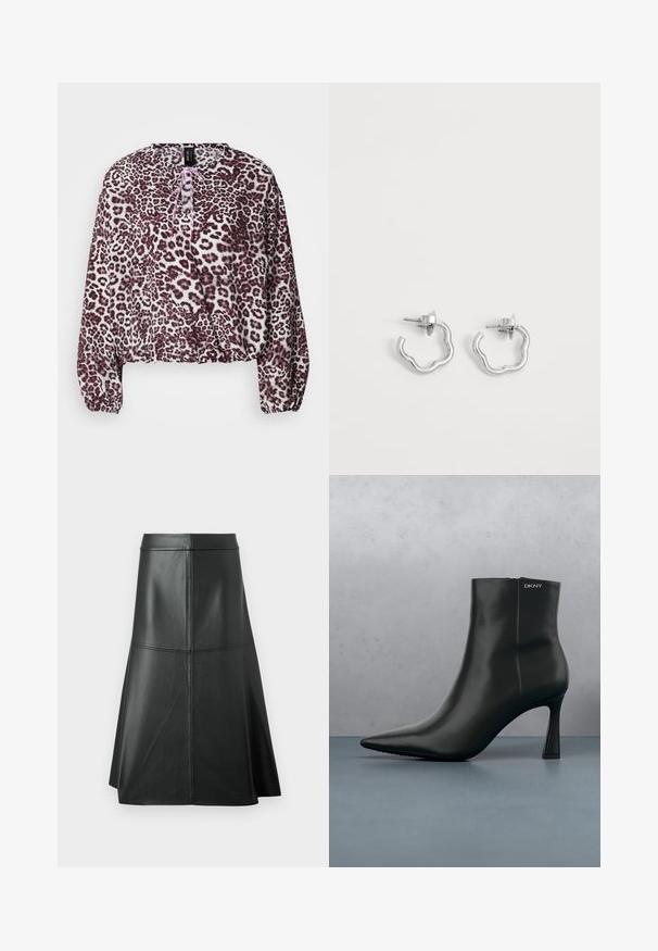 Bluse med leopardprint i blødt stof, der har en løs pasform, rund halsudskæring og lyserød snøre-detalje foran. Elastiske ærmekanter.; Sort læder A-linje nederdel, glat tekstur, midt på læggen, med vandret syninger ved taljen og sømmene for ekstra struktur.; Sort læder ankelstøvle med spids tå og geometrisk hæl. Har subtil branding og en glat overflade. Baggrunden består af strukturerede fliser.; Par små sølv øreringe med uregelmæssige bølgede former og stifteslukning på ensartet hvid baggrund.