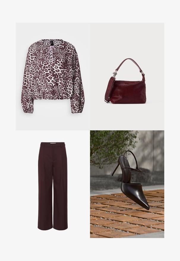 Blouse imprimé léopard en tissu doux, avec une coupe ample, un col rond et un cordon rose à l'avant. Poignets élastiqués.; Pantalons à larges jambes en bordeaux profond, fabriqués dans un tissu lisse. Présente une taille haute avec des plis et de simples passants de ceinture pour un look ajusté.; Mule noire brillante à talons hauts avec bout pointu et bride à la cheville, suspendue au-dessus d'une surface carrelée en terre cuite avec des interstices remplis de gravier.; Petit sac à main rectangulaire bordeaux avec finition texturée, poignée courte et bandoulière amovible sur un fond clair uni.