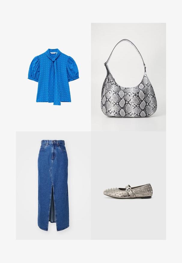 Blaue Kurzarmbluse mit gepufften Ärmeln, Kreis-Muster und einer vorn am Ausschnitt gebundenen Schleife vor weißem Hintergrund.; Denim-Maxi-Rock in Mittelblau mit Schlitz vorne, hoher Taille und klassischem Fünf-Taschen-Design. Mit kontrastierenden Nähten und einem Reißverschluss.; Grauer flacher Schuh mit runder Zehenpartie, verziert mit metallischen Nieten und einem Seitengurt mit einer silbernen Schnallendetails. Glatte Textur.; Schultertasche im schwarz-weißen Schlangenprint mit runder Form, glatter Textur und gebogenem Tragegurt. Mit einem silbernen Hardware-Akzent.