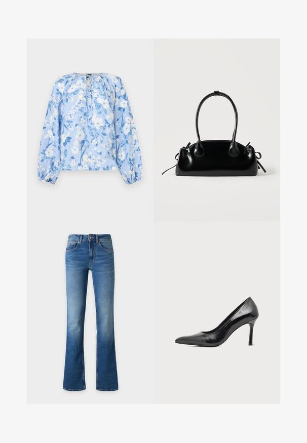 Blouse bleu clair à manches longues avec motif floral blanc et bleu, col froncé avec lien en forme de goutte, et poignets élastiques.; Jean en denim bleu avec une légère évasement en bas, fermeture avant par boutons et fermeture éclair, et poches avant sur un fond uni.; Chaussure à talon haut pour femme en cuir verni noir avec bout pointu et talon fin sur fond clair uni.; Petit sac à main noir brillant avec deux longues anses et des détails à cordon sur les côtés sur un fond clair uni.