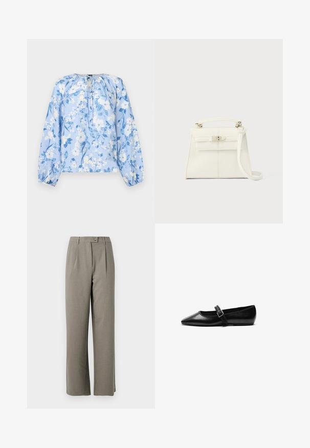 Lyseblå langærmet bluse med hvidt og blåt blomsterprint, rynket halsudskæring med nøglehul og bindebånd samt elastiske manchetter.; Lys grå bredbenede bukser med en glat tekstur, der har frontfold, en knaplukning og to sidelommer.; Sorte flade sko lavet af læder med spidse tæer, justerbar rem med metalspænde, glat tekstur og minimalistisk design.; Hvid læderhåndtaske med en struktureret form, top håndtag, aftagelig skulderrem og en sølv spænde lukning. Glat tekstur, minimalistisk design.