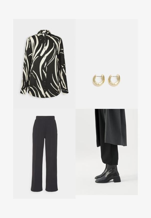 Expresso LONG SLEEVE WITH ZEBRA - Blúzka so zapínaním na gombíky - black; Vero Moda Tall VMPANNA WIDE PANT - Nohavice - black; Čierne kožené členkové čižmy s nízkymi blokovými podpätkami nosené s čiernymi nohavicami a tmavosivým dlhým kabátom.; Zlaté kruhové náušnice s hladkým, lesklým povrchom. S polkruhovým tvarom a bezpečným zapínaním na kolík.