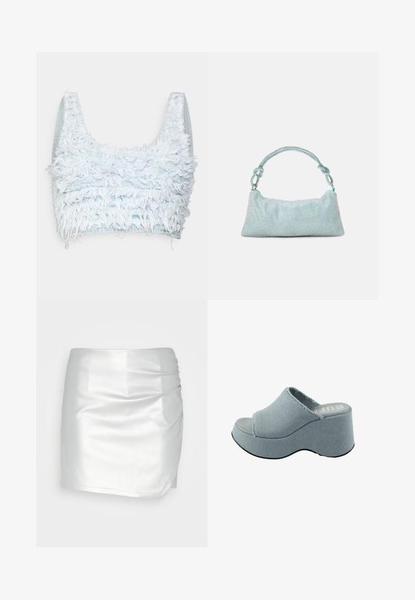 DL1961 TANK - Top - denim fur (vintage); Even&Odd by Zalando Shorts - silver; Lyseblå platform slide sandal med fransede tekstiloverdel, åben tå design, tyk, rund sål og tekstureret grå ydersål.; Mascara Clutches - mint