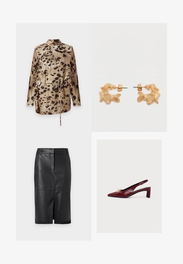 Leopardmønstret langærmet bluse i beige satin med krave, snøring i taljen og en glat, blank overflade.; Sort læder blyantskørter med en forslidser, der har en glat tekstur, to sidelommer og en tætsiddende silhuet.; Bordeauxrød slingback-sko i laklæder med spids tå, lav blokhæl, guldfarvet nitte-detalje og justerbar rem med spænde.; Øreringe i guldfarve med en abstrakt, organisk form, der har en tekstureret overflade og lukkemekanisme med stik.