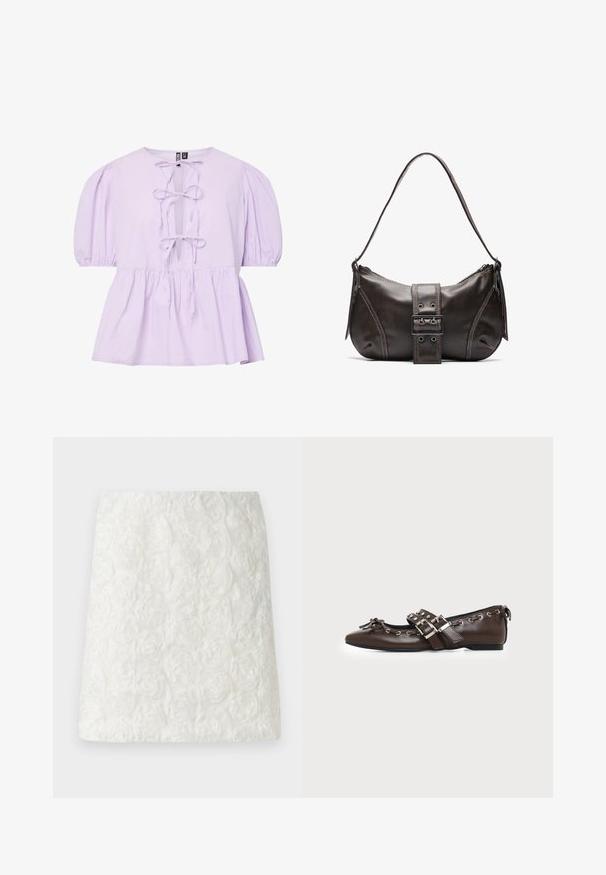 Blouse en coton lilas avec des manches bouffantes, arborant un col en V avec des liens à l'avant et un bas peplum froncé. Texture lisse sans motifs.; Jupe mini blanche avec une surface texturée ornée de motifs floraux en relief ressemblant à des roses, fabriquée en tissu léger.; Chaussure plate en cuir marron foncé avec bout pointu, doubles brides à boucles argentées, œillets métalliques et nœud décoratif à l'avant.; Sac à épaule en cuir marron avec une forme courbée, présentant un détail de boucle proéminent, des coutures contrastantes et une seule bandoulière.