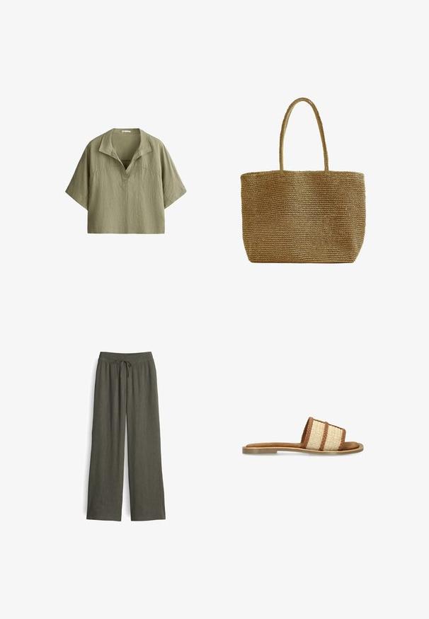 Olijfgroene linnen blouse met korte mouwen, brede kraag en V-hals, losse pasvorm en een iets ingekorte zoom.; Lange, olijfgroene broeken van lichtgewicht stof, met een trekkoord in de taille, geplooide textuur en wijde pijpen.; Platte slidesandaal met een gevlochten beige en bruine band en een lichtbruine zool tegen een witte achtergrond.; Geweven draagtas van natuurlijke vezels met twee lange handvatten, rechthoekige vorm en een open bovenkant, geschikt om spullen te dragen.