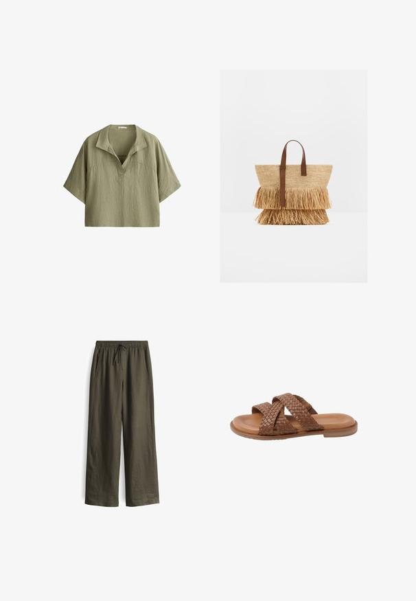 Olijfgroene linnen blouse met korte mouwen, brede kraag en V-hals, losse pasvorm en een iets ingekorte zoom.; Olijfgroene, losse broek met een elastische tailleband en trekkoord, voorzien van zijzakken en een lichtgewicht, gestructureerde stof.; Bruine leren slidesandaal met twee brede gevlochten bandjes die over de voet kruisen en een platte zool, geïsoleerd op een witte achtergrond.; Geweven strooien tas met twee lagen stro-franje en bruine leren hengsels, rechtopstaand op een witte ondergrond.