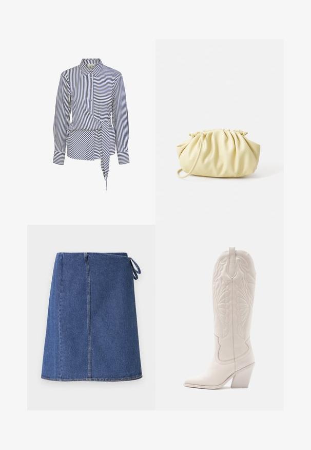 Witte blouse met blauwe verticale strepen, een puntige kraag, lange mouwen en een gestrikte taille-detail. Knopsluiting aan de voorkant, getailleerde pasvorm, lichtgewicht stof.; Denim wikkelrok in donkerblauw. Heeft een rechte snit, zichtbare stiksels en een zijsluiting voor aanpassing. Glad textuur en standaard zoomlijn.; Witte leren cowboylaars met een spitse neus en een vierkante hak. Heeft ingewikkelde stikpatronen op de schacht en een soepele textuur.; Geel geplooide handtas van soepel nepleer, met een zachte vorm, een enkele schouderriem en een verzameld ontwerp aan de bovenkant.