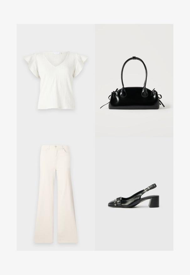 Blouse blanche texturée avec un col en V, des manches courtes volantées et des motifs verticaux. Confectionnée dans un tissu léger avec un détail subtil en maille.; ONLY Wide-fit ONLMADISON High waist Wide Leg Fit - Wide Leg - ecru; Sandale à talon en cuir noir avec un bout pointu, une sangle texturée ornée d'accents métalliques circulaires et un talon empilé.; Petit sac à main noir brillant avec deux longues anses et des détails à cordon sur les côtés sur un fond clair uni.