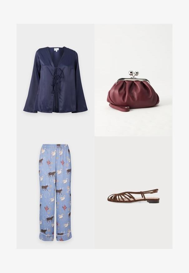 Blusa de satén azul marino con escote en V, mangas largas acampanadas y cierre de lazo en la parte delantera. Textura suave con un diseño sencillo y elegante.; Pantalones de pijama azules con un patrón caprichoso que presenta vacas, criaturas míticas y elementos celestiales; cinturilla elástica y piernas anchas.; Sandalia plana marrón con múltiples tiras finas y una pequeña hebilla en el tobillo sobre un fondo claro.; Pequeño bolso de mano de cuero burdeos con cierre metálico plateado y correa de muñeca sobre un fondo blanco.