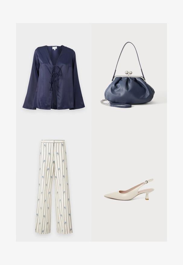 Navyblauwe satijnen blouse met een V-hals, lange uitlopende mouwen en een sluiting met een strik aan de voorkant. Gladde textuur met een eenvoudig, elegant ontwerp.; Brede broek gemaakt van crème stof met verticale donkere strepen en kleine blauwe bloemapplicaties verspreid over de stof. Heeft een tailleriem.; Crème kleurige slingback schoen met puntige neus, lage kittenhak en verstelbare gesp op een effen achtergrond.; Zachte navyblauwe leren handtas met zilveren sluiting, enkele schouderband en afneembare ketting polsband op witte achtergrond.