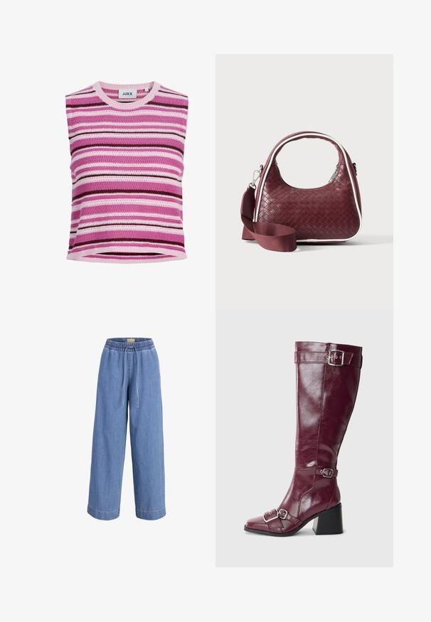 Ærmeløs strikket top med horisontale striber i pink, lilla, hvid og mørkebrunt, med rund halsudskæring og JJXX mærkeetiket.; Lyseblå vidde jeansbukser med elastisk talje og front snørelukning.; Burgundy læderknæhøje støvler med spidse tæer, sølvspænder og blokhæl. Har en glat, skinnende overflade.; Mørkerød vævet lædertaske med buet hank, hvid kant, sølv lynlås og aftagelig bred stofskulderrem mod en ensfarvet baggrund.