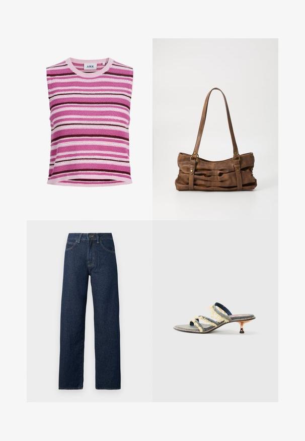 Ærmeløs strikket top med horisontale striber i pink, lilla, hvid og mørkebrunt, med rund halsudskæring og JJXX mærkeetiket.; Mørkeblå straight-leg denimjeans med knaplukning foran, lynlås og fem-lomme-design på hvid baggrund.; Denim slidesandaler med tre gule, frynset remme, en let spids tå og en metal kitten heel. Flad sål med dekorativ syning.; Even&Odd Håndtasker - brown