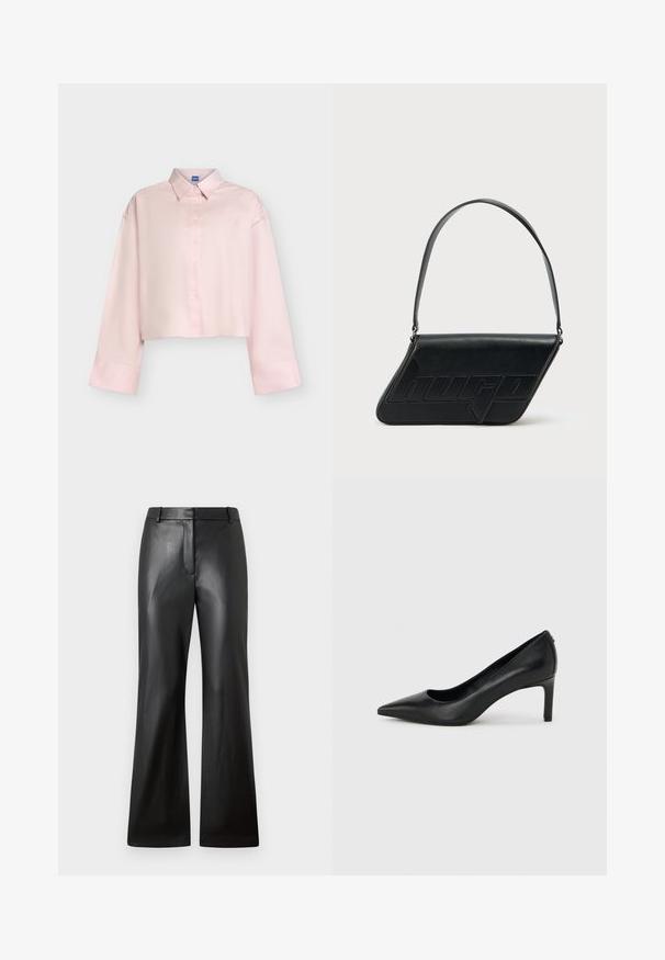 Lichtroze cropped blouse met lange mouwen, knopen, kraag en brede manchetten, getoond op een effen lichtgrijze achtergrond.; Zwarte leren broek met een gladde textuur, een wijde pijpdesign en een middelhoge tailleband met riemlussen en voorzakken.; Zwarte leren pumps met een spits toelopende neus en een slanke, middelhoog hak, afgebeeld tegen een effen lichtgrijze achtergrond.; Zwarte leren schoudertas met een driehoekige vorm, geperst logo en een enkele verstelbare riem. Minimalistisch ontwerp met een gladde textuur.