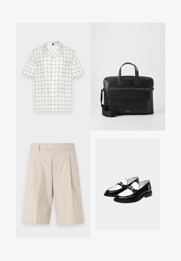 Camisa de manga corta y cuello en tejido blanco con un patrón de cuadrícula negra, que cuenta con botones en la parte delantera y un corte relajado.; Pantalones cortos beige hasta la rodilla con trabillas para cinturón, cremallera frontal y un solo pliegue en cada pierna.; Par de mocasines de cuero en blanco y negro con detalle de cadena dorada en la parte superior, sobre un fondo claro y liso.; Maletín de cuero negro con dos asas superiores, un bolsillo en la parte frontal y una correa desmontable, que presenta un sutil logotipo en la parte inferior.