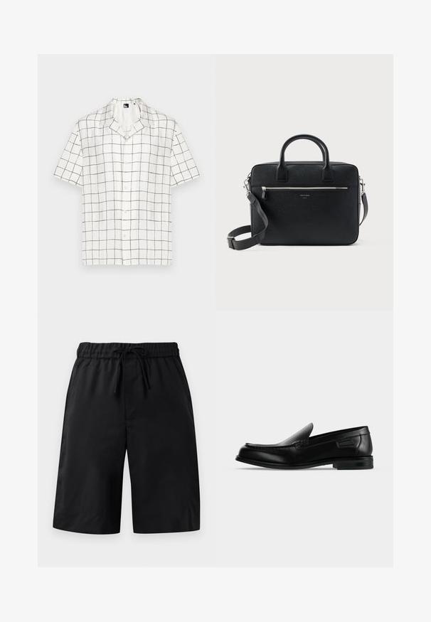 Chemise à manches courtes, avec col, en tissu blanc avec un motif en grille noir, comportant des boutons sur le devant et une coupe décontractée.; Shorts noirs avec une taille élastique et un cordon de serrage. Dotés d'une texture lisse et d'une coupe ample. Design simple sans poches ni embellissements.; Mocassin noir en cuir à enfiler avec un petit talon, un bout arrondi et des surpiqûres décoratives le long du bord supérieur.; Serviette rectangulaire en cuir noir texturé avec double poignée, poche avant zippée et bandoulière réglable présentée sur fond blanc.