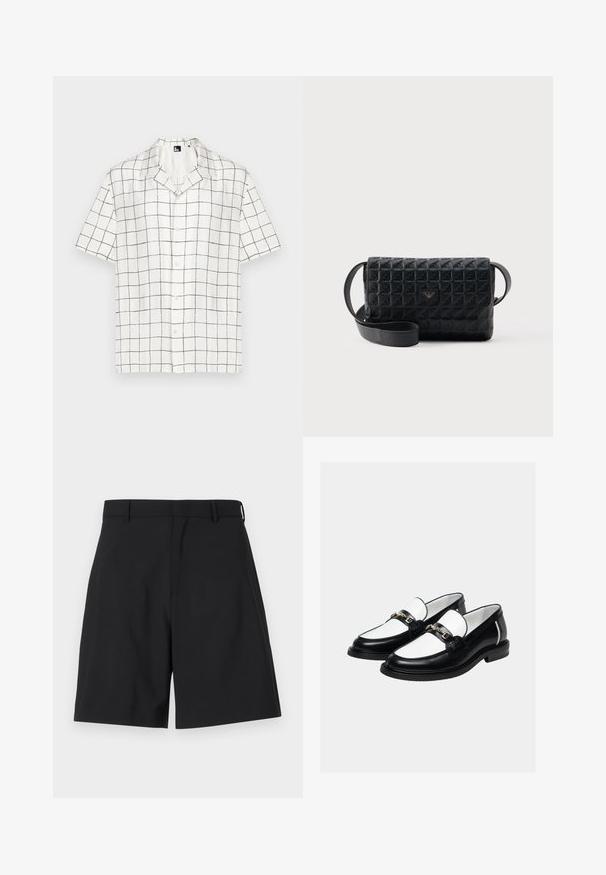 Chemise à manches courtes, avec col, en tissu blanc avec un motif en grille noir, comportant des boutons sur le devant et une coupe décontractée.; Shorts noirs en tissu lisse avec un design ajusté, présentant un devant plat et deux poches latérales, ainsi qu'une taille régulière.; Paire de mocassins en cuir noir et blanc avec un détail de chaîne dorée sur le dessus, sur un fond clair uni.; Sac bandoulière noir texturé avec une fermeture à rabat et un petit logo en métal sur le devant, présenté sur un fond uni.