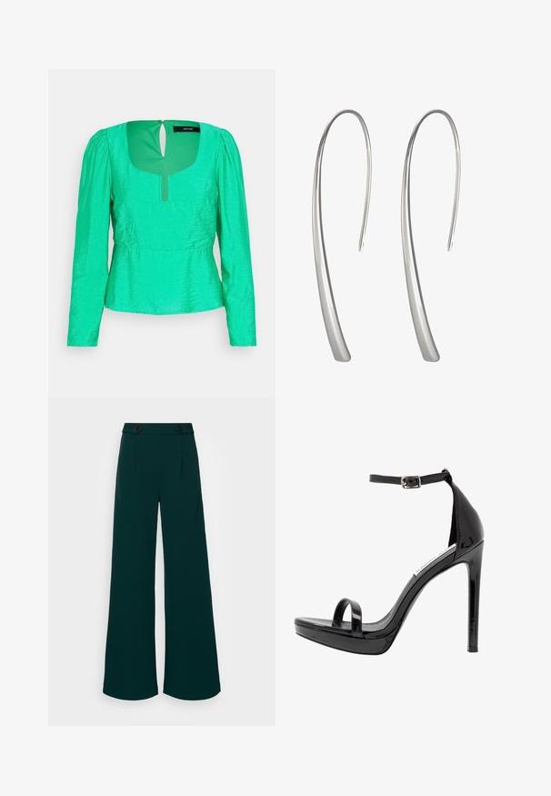 Vero Moda VMPEPPER ANEA V NECK - Blúzka - bright green; Široké nohavice v tmavozelenej látke, s vysokým pásom a dvojitým zapínaním na gombíky, ostrými záhybmi a hladkou, pevnú textúrou.; Steve Madden MILANO - Sandále na vysokom opätku - black; Dlhé strieborné visiace náušnice s hladkým, predĺženým dizajnom a hladkým, lesklým povrchom. Vyžarujú minimalistický zakrivený tvar.
