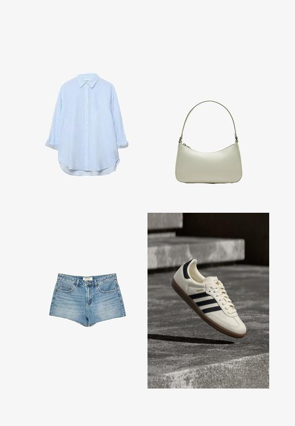 Lyseblå og hvide lodrette stribede skjorte med lange ærmer, knapper, krave og opkrogede manchetter, let oversized pasform.; Jeanshorts, lys blå, høj talje, fem-lomme design, flosset kant, standard knaplukning, logoetiket på taljebåndet.; Hvid Adidas Samba sneaker med sorte striber og gummsål, svævende over teksturerede grå betonstrin.; Hobo taske i lys beige læder med en rund silhuet, slank skulderrem og lynlåslukning øverst. Glat tekstur med minimale accenter.