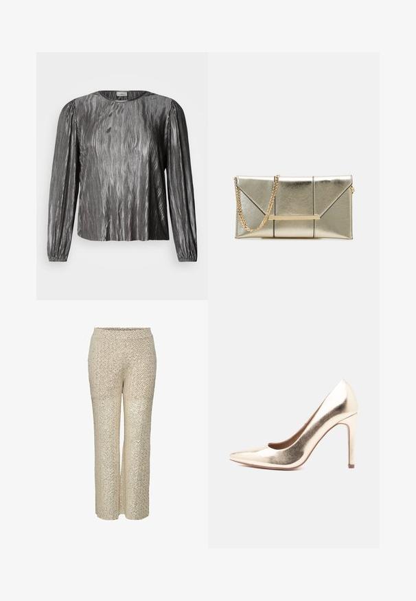 Sølvfarvet bluse med lange ærmer og bølget tekstur, der har rund halsudskæring og elastiske manchetter. Glat, skinnende stof.; Beige palazzo bukser med pailletter og zigzag-mønster, høj talje og bred ben-design, der har en glat tekstur og en skinnende overflade.; Guldmetallic højhælet pumpe med spids tå og slank stiletto hæl, vist i sideprofil på hvid baggrund.; Guldmetallic clutchtaske med en struktureret design, der har diagonale syninger og en guldkædestsnor. Indeholder et metalaccentbar på forsiden.