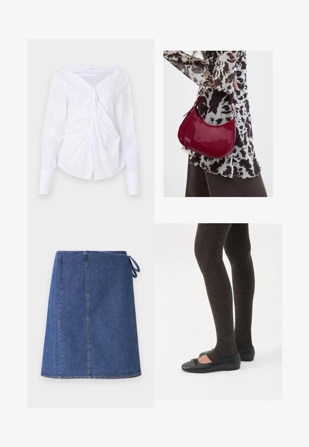 Good American Blouse - white; Denim wikkelrok in donkerblauw. Heeft een rechte snit, zichtbare stiksels en een zijsluiting voor aanpassing. Glad textuur en standaard zoomlijn.; Benen met donkere geribbelde leggings gecombineerd met zwarte ballerina's met kleine strikdetails op een witte achtergrond.; Vrouw met een zwart-wit gebloemde blouse houdt een glanzende rode schoudertas vast tegen een effen achtergrond.