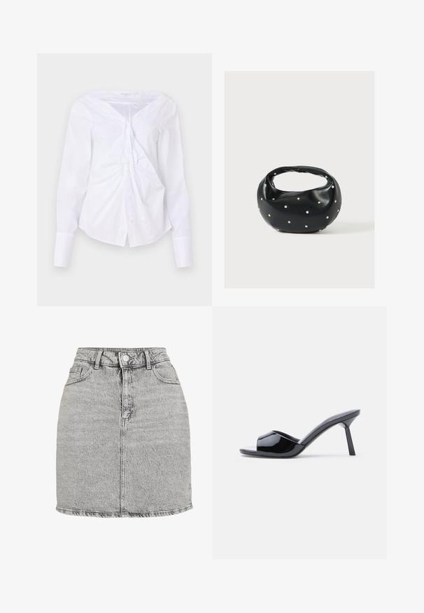 Good American Bluse - white; Grå denimnederdel med høj talje, frontknaplukning og to sidelommer. Har en rippet kant og en subtil stone-washed tekstur.; Sorte laklæder sandaletter med åben tå, der har et buet overdesign og en spids stilethæl. Glat, blank finish.; Sort læderhåndtaske med en rundet form, dekoreret med sølvnitter, og et kort håndtag. Glat tekstur og lynlåslukning.