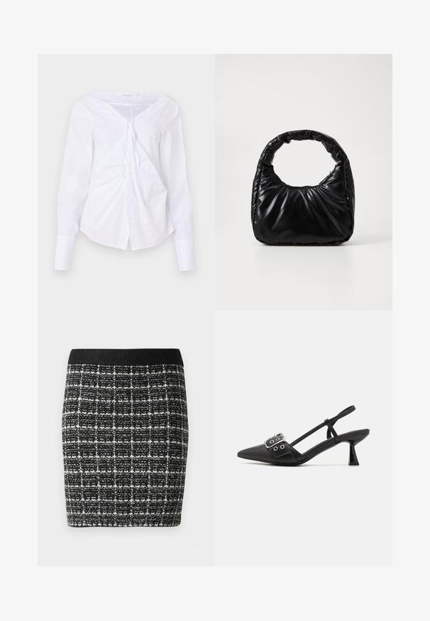 Good American Bluse - white; Sort-hvid ternet nederdel med et tekstureret stof, der har en sort talje og en tætsiddende silhuet.; Simmi London DALA - Pumps - black; Sort polstret håndtaske med et rundt håndtag, der har en glat, skinnende overflade og en blød, kviltet tekstur. Ingen synlige hardware eller accenter.