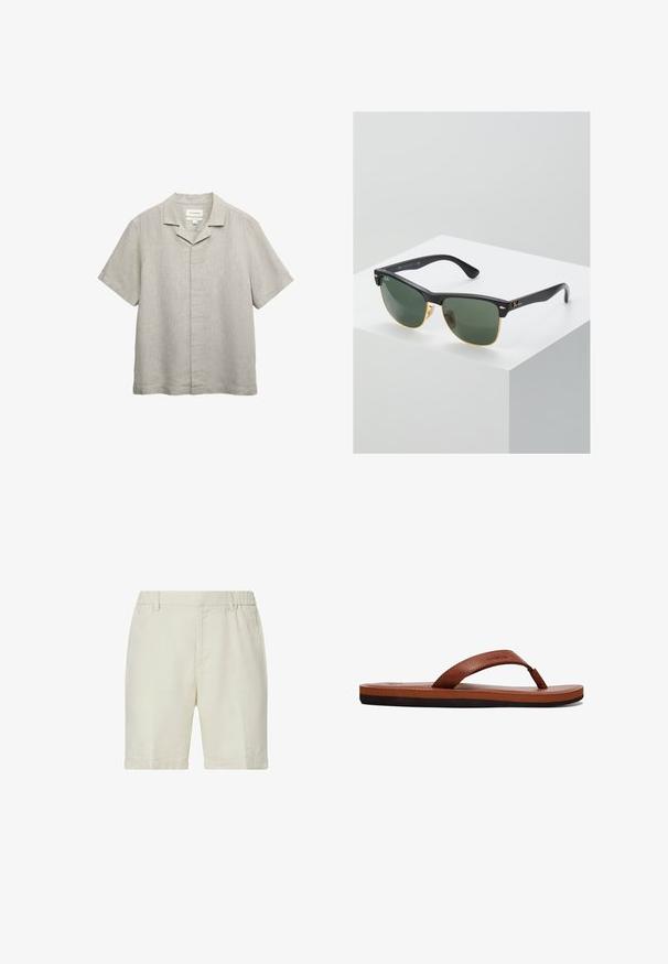 Hellgraues Kurzarmhemd mit einem Camp-Kragen und verdeckter Knopfleiste, hergestellt aus strukturiertem Stoff.; Beige knielange Shorts mit umgeschlagenem Saum, einem elastischen Bund hinten, Gürtelschlaufen und vorderen Seitentaschen.; Braune Lederflip-Flops mit einem strukturierten Riemen, einer gepolsterten Innensohle und einer schwarzen Gummisohle. Seitenansicht, die das schlanke Design hervorhebt.; Ray-Ban Sonnenbrillen mit grünen Gläsern, schwarzen Kunststoffrahmen und goldenen Akzenten an den Rändern. Quadratische Form mit matter Oberfläche.