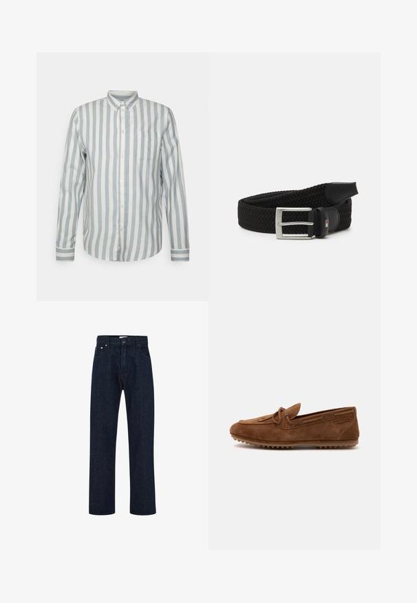 Hemd mit Knöpfen in hellblau und cremefarbenen Streifen. Verfügt über einen klassischen Kragen, lange Ärmel und eine Brusttasche. Hergestellt aus weichem Stoff, lockere Passform.; Dunkelblaue Jeans mit geradem Bein, vorderem Knopf- und Reißverschluss, Gürtelschlaufen und Vordertaschen.; Brauner Veloursleder-Slipper mit Schnürdetail, Gummisohle mit Grip-Noppen und Nahtakzent auf schlichtem weißem Hintergrund.; Schwarzer gewebter Gürtel mit einem strukturierten Design, ausgestattet mit einer silbernen Metallschnalle und einem Lederakzent. Der Gürtel verfügt über ein flexibles, dehnbares Material.