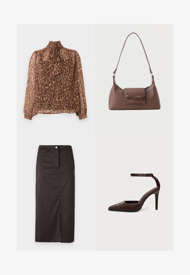 Blouse longue à manches longues en voile imprimé léopard marron avec col haut et détail de nœud noué au col.; Jupe marron, longueur genou, fabriquée dans un tissu lisse. Présente une fente à l'avant, un fermoir à boutons et des poches latérales pour plus de fonctionnalité.; Chaussure à talon haut en cuir marron avec bout pointu, trois petites boucles argentées sur le devant et bride de cheville réglable avec boucle.; Sac à bandoulière en cuir marron avec une poche à rabat avant ornée d'un détail en forme de nœud cousu et une sangle réglable.