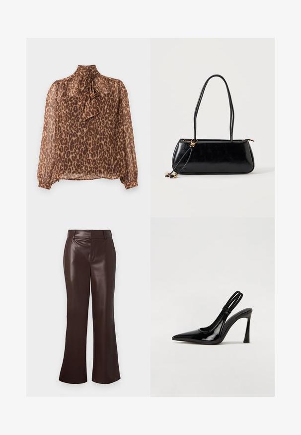 Blouse longue à manches longues en voile imprimé léopard marron avec col haut et détail de nœud noué au col.; Pantalons évasés en simili cuir marron avec une texture lisse, dotés d'une taille ceinturée et d'une fermeture éclair. Lignes épurées et silhouette élégante.; Escarpin en cuir verni noir à talon aiguille, à bout pointu, avec une sangle élastique double pour un maintien sécurisé. Surface lisse et brillante.; Sac à main rectangulaire noir avec deux longues bandoulières, détail anneau doré et fermeture éclair sur un fond clair uni.