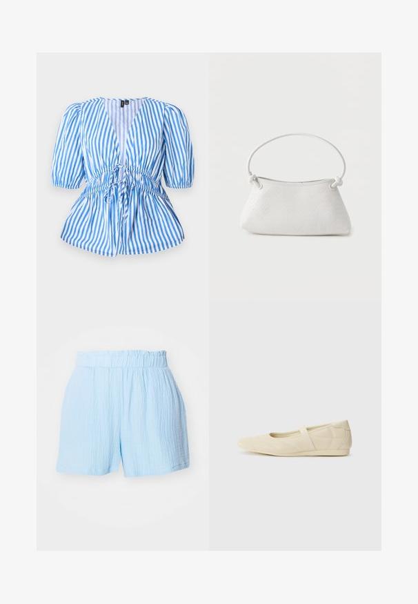 Blå og hvidstribet bluse med korte puffærmer, V-hals og justerbar talje med snørre. Glat bomuldsstruktur.; Lyseblå teksturerede shorts med elastisk indsamlingslinning og afslappet pasform.; Lysebrune ballet flats med en glat læderoverflade, mandelformet tå og elastisk rem over vristen, med diskrete syninger.; Hvid fletlæderhåndtaske med afrundet håndtag og ender på remmen, der er knyttet, vist mod en ensfarvet baggrund.