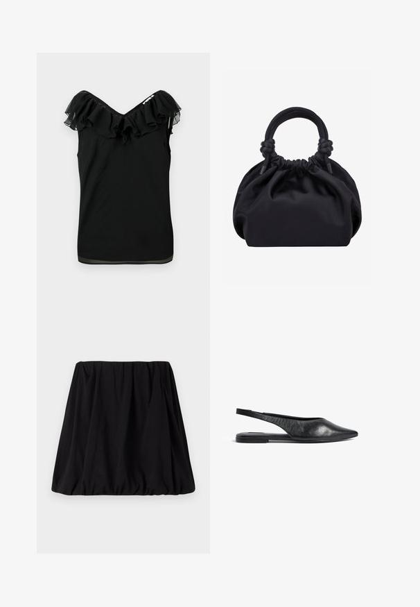 Blusa sin mangas negra para mujer con escote off-shoulder y detalle de volantes en el cuello, con tejido transparente en los bordes, sobre un fondo blanco.; Falda negra, acampanada, hecha de una tela suave, con una cinturilla elástica y una silueta voluminosa. Sin patrones ni adornos visibles.; Bailarinas de piel negra con tira en el talón y punta afilada, de diseño minimalista. Cuentan con un perfil elegante y un tacón delgado para mayor estabilidad.; Bolso de mano de tela negra suave con parte superior fruncida y asas acolchadas circulares atadas con nudos a cada lado.